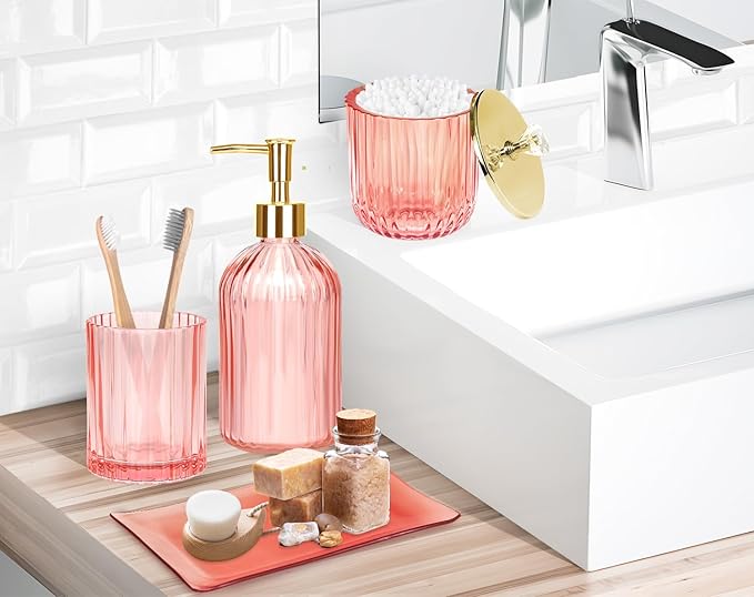 Haturi Bathroom Accessories Set, 4 Pcs Pink Glass Bathroom Accessories Sets Complete w/Lotion Soap Dispenser, Toothbrush Holder, Apothecary Jar, Vanity Tray, Bathroom Decor, Gift for Home Apartment