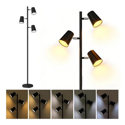 Energetic Dimmable Floor Lamp - Modern LED Tree Design with 5 Color Temperatures | Adjustable Heads for Bedroom & Living Room - Black