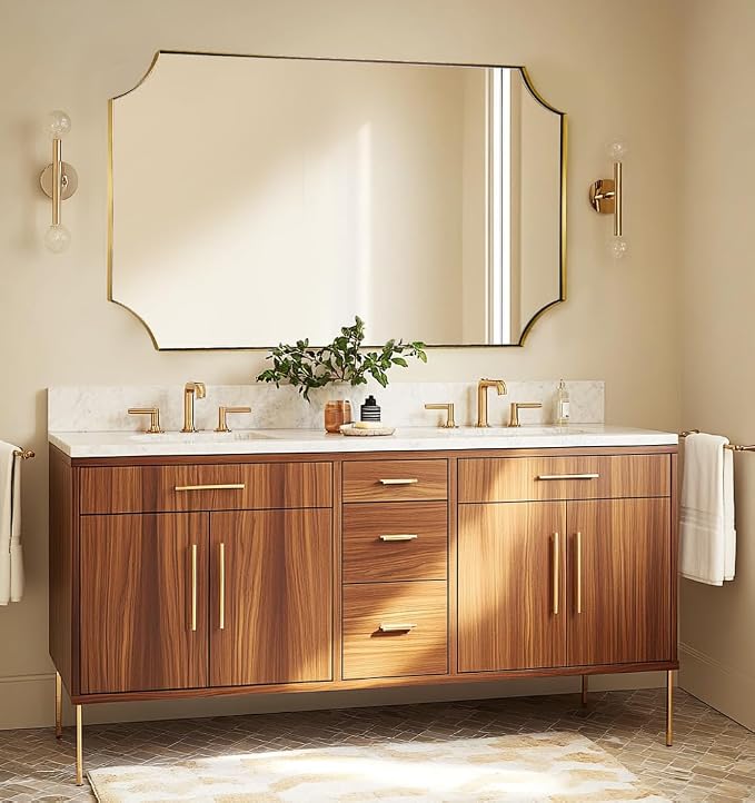 ANDY STAR 30x48 Inch Brushed Gold Mirror, Unique Rectangle Mirror for Bathroom, Large Scalloped Bathroom Mirror with Rust-Proof Stainless Steel 1" Frame, Hangs Vertically or Horizontally