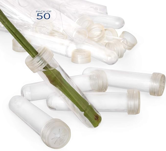 Royal Imports Floral Water Tubes with Caps – 3.5" Clear Plastic Flower Vials for Single Stem Roses, Buds, Bouquets – Standard Style, 1/2" Opening – 50 Pack