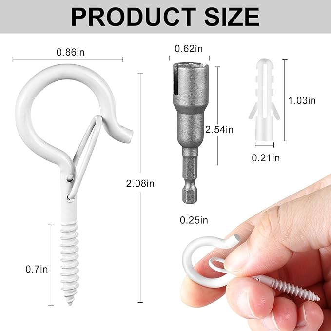 FSAH 96 PCS Q-Hanger Hooks, Screw Hooks for Outdoor String Lights, Safety Buckle Design Cup Eye Hook for Hanging Christmas Lights, Plants, Mounted on Wall Ceiling, Include 1 Wing Nut Driver, White