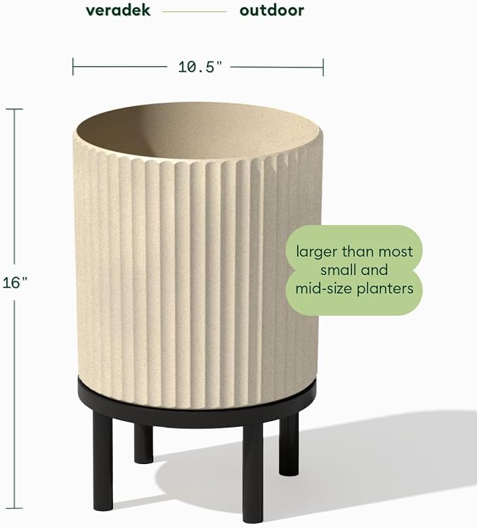 Veradek Demi Series Round Planter w/Stand for Porch/Patio | Durable Plastic-Stone Composite & Wooden Stand | Modern Décor for Tall Plants, Flowers