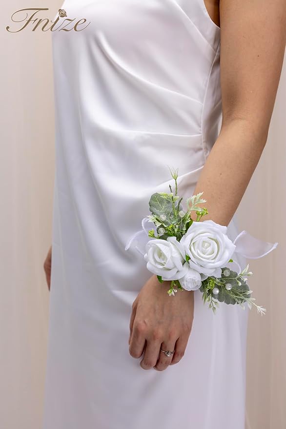 Fnize White Wrist Corsage and Boutonniere Set for Bride Groom Bridesmaids Groomsmen Wedding Homecoming Flowers Prom Suit Accessories, Rose Boutonniere and Corsage Wristlet Flower