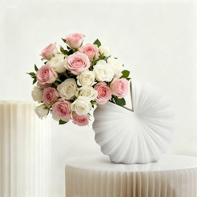 White Shell-Shaped Ceramic Vase for Flowers, 8 Inch Nordic Flower Vases