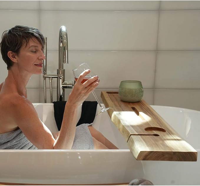 EcoDecors Eleganto 50" Live Edge Solid Teak Bath Caddy Tray with Handle, Book & Tablet Holder, Wine Glass Holders, Luxury Bathtub Tray