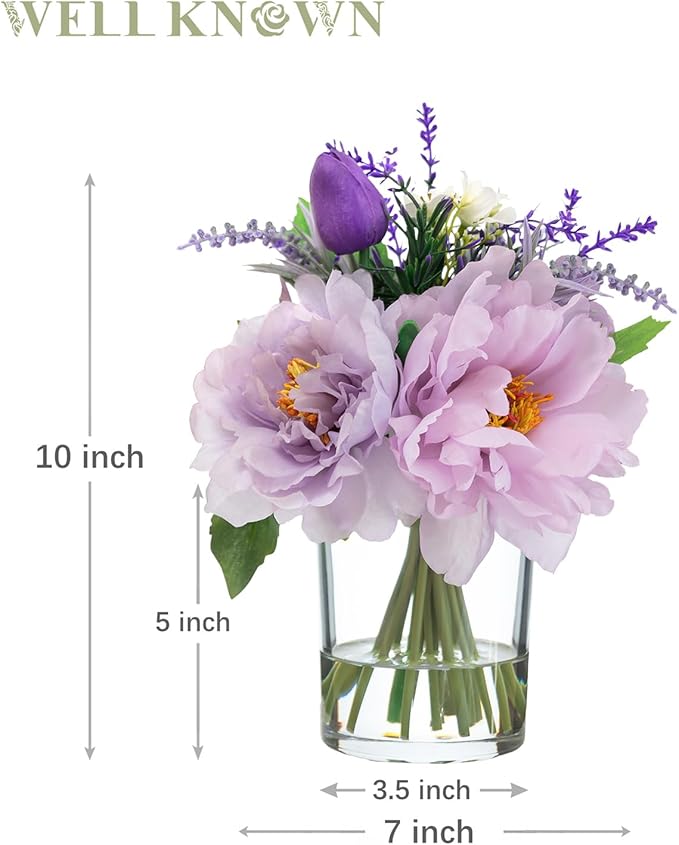 WELL KNOWN Artificial Flowers in Glass Vase with Fake Water, Silk Peony Fake Tulip Bouquet for Home Dinning Tea Table, Office Desktop, Hotel, Wedding, Party, Lavatory Decor & Gift (Lavender Purple)