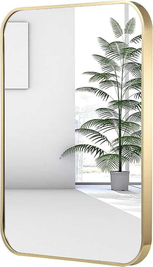 20x28 Inch Gold Bathroom Mirror, Brushed Brass Gold Metal Framed Rectangular Mirror with Rounded Corner, Bathroom Vanity Mirror for Bedroom or Living Room, Horizontal/Vertical