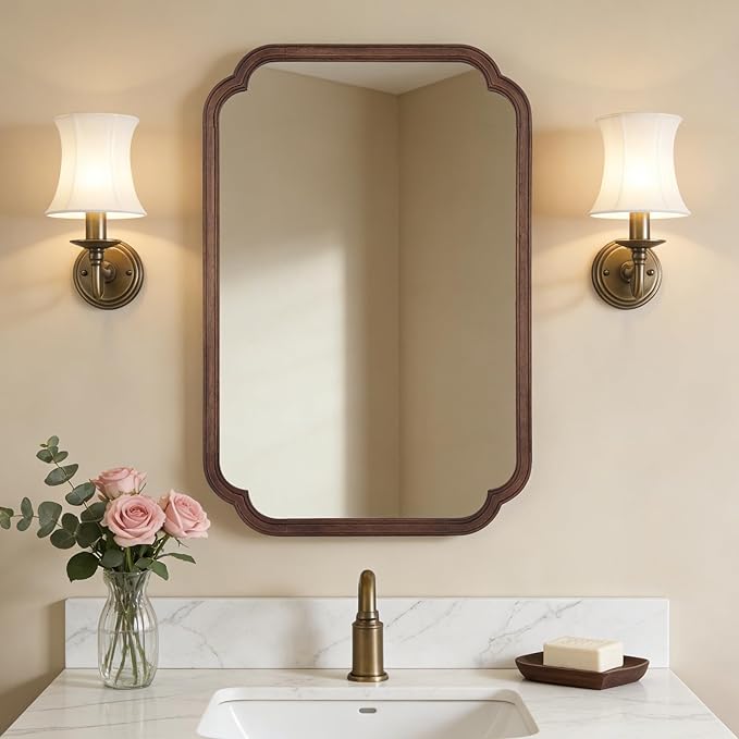 WallBeyond Wood Bathroom Mirror for Wall Mounted with Rounded Corner Wood Frame for Entryway, Living Room or Bedroom Home Decor Vertical or Horizontal Hanging [24" x 36" Walnut Color]
