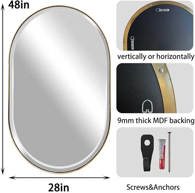 POZINO Oblong Beveled Mirror, 48"x28" Modern Bathroom Vanity Mirror Over Sink, Pill Shaped Capsule Wall Mounted Mirrors for Living Room Bedroom Entryway, Hangs Vertically or Horizontally