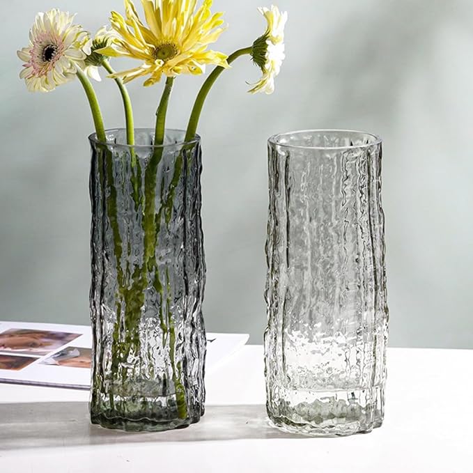 Clear Glass Vase Cylinder 7" Ribbed Thickened Flower Vase Crystal Vase for Modern Centerpieces Home Decor Living Room Bedroom Dining Table Office Wedding Decoration Gift (Grey)