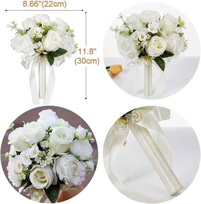 CYANLUX Wedding Bouquets for Bride Bridesmaid Bouquet Champagne White Artificial Roses Flowers for Wedding Valentine's Day Church Home Decoration… (White Rose)