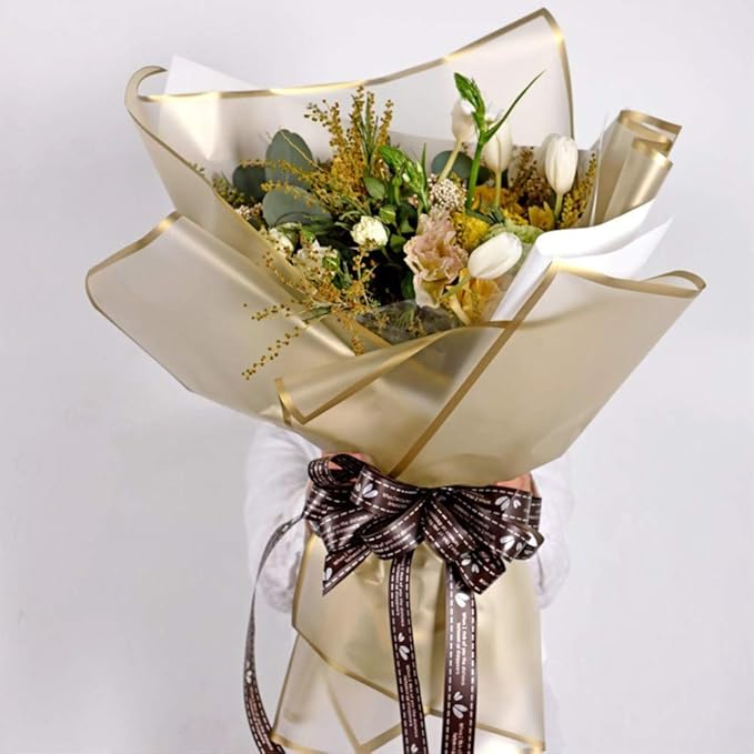 BBJ WRAPS Frosted Flower Wrapping Paper White Lines Gift Packaging Florist Bouquet Supplies 20 Sheets (Gold)