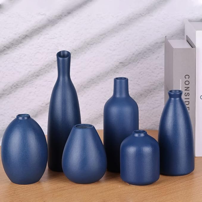 Blue Ceramic Vase - Set of 6 Blue Bud Vases, Modern Farmhouse Navy Blue Decorative Vases for Home, Office, Living Room, Table Decor - Ideal Centerpieces for Flowers, Shelf and Fireplace Accents