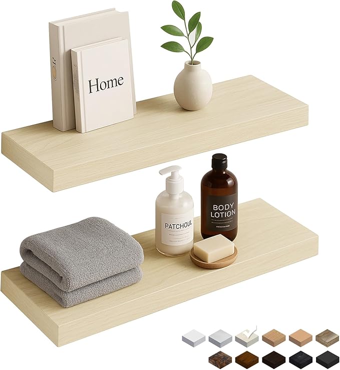 White Oak Floating Shelves for Wall, 24 in Wall Mounted Shelves Perfect for Bedroom, Bathroom, Living Room and Kitchen Decoration Storage（Set of 2）