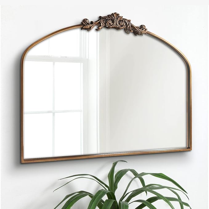 OUSHUAI Gold Arched Mirror,Baroque Brass Fireplace Mirror Decor, Victorian Vintage Mirrors with Full Matel Frame,Ornate Mirrors for Entryway/Bathroom/Living Room/Hallway 36"X30"