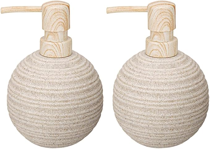 2pcs Hand Soap Dispenser Set, Sandstone Textured Resin Liquid Soap Dispenser for Bathroom Countertop, Heavy & Sturdy Dish Wash Soap Dispenser for Kitchen, Matte Beige