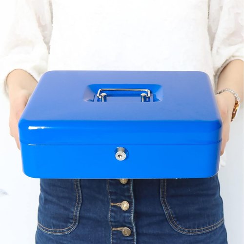 Jssmst Locking Metal Cash Box - Secure Money Storage with Key Lock | 11.8L x 9.5W x 3.5H Inches, Blue