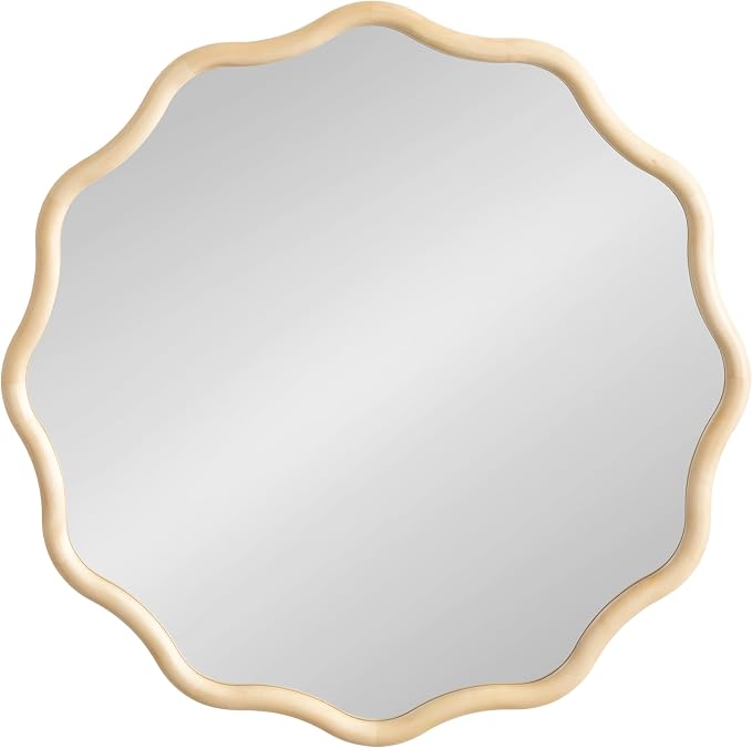 Kate and Laurel Talma Boho Round Scalloped Wall Mirror, 30 Inch Diameter, Natural Wood, Modern Circle Mirror with Solid Poplar Wood Frame and Rounded Frame