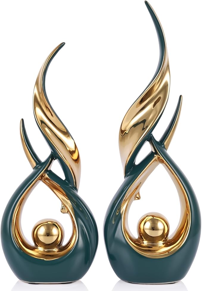 2 PCS Green Gold Ceramic Statues For Home Decor Accents, Modern Abstract Art Sculptures, Elegant Tabletop Decorative Objects For Dining Room, Entryway, Tv Stand, Mantel, Coffee Table Centerpieces