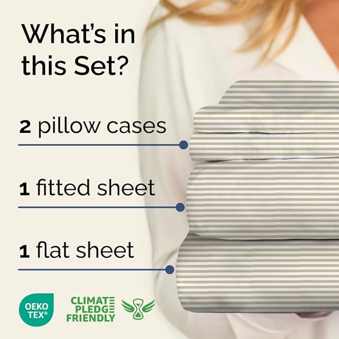 Biege Striped Sheets - Cream Bed Sheet Set - 1 Flat & 1 Fitted & 2 Pillowcases w/ Deep Pockets - Cozy, Wrinkle & Fade Resistant - Soft, Breathable, Cooling - Luxury Pinstripe Bedding - King Size