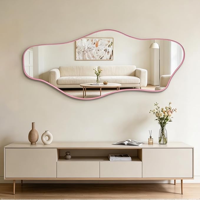 Irregular Mirror Full Length, 67"x31" Pink Asymmetrical Tempered Glass Wall Mirror, Large Organic Frameless Mirrors for Entryway Hallway Bedroom Living Room, Horizontal or Vertical Hanging