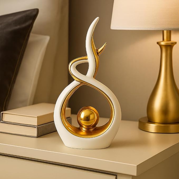 White & Gold Abstract Ceramic Ornament – Modern Decorative Sculpture for Living Room, Shelf & Coffee Table Décor – Minimalist Home Accent, Table Centerpiece Gift for Home Lovers