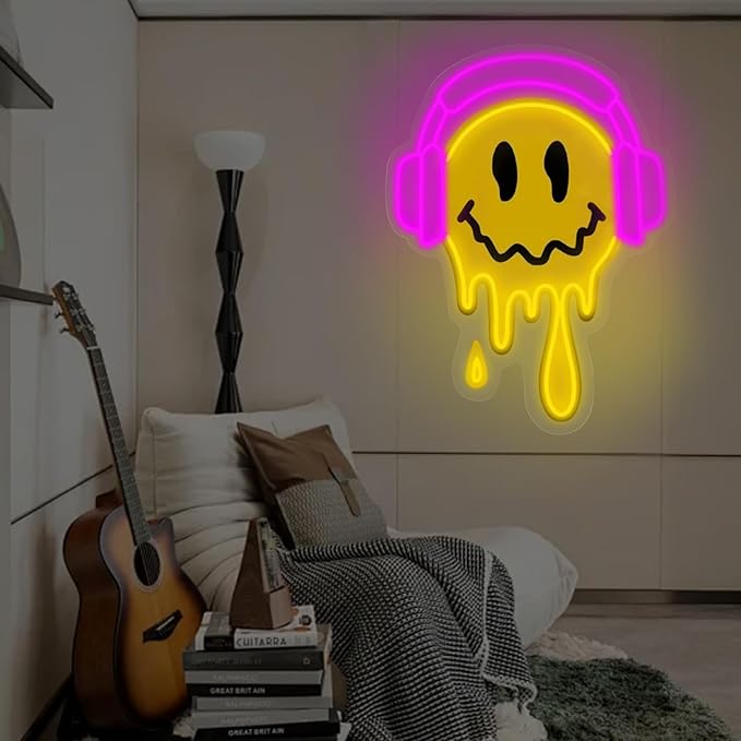 Melting Smile Face With Headphone Neon Sign for Wall Decor Neon Smile Light Signs for Kids Room Bar Party Bedroom Decor Lamp Personalized Gifts Kids Room, Wedding Decoration, Holiday Gift-Pink