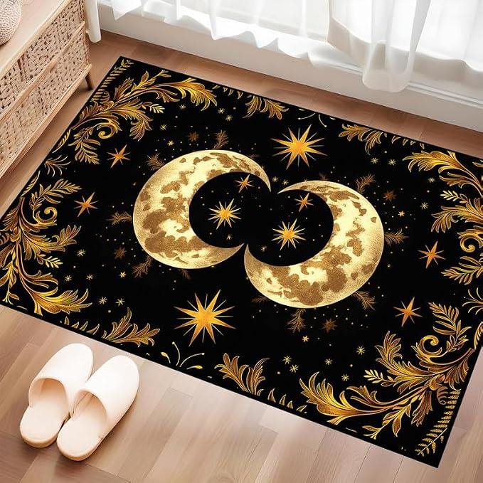 Sun Moon Star Area Rug 2'x3' Golden Boho Carpet Non-Slip Washable Low Pile Floor Mat for Entryway Bedroom Living Room Nursery Playroom Classroom Home Decor