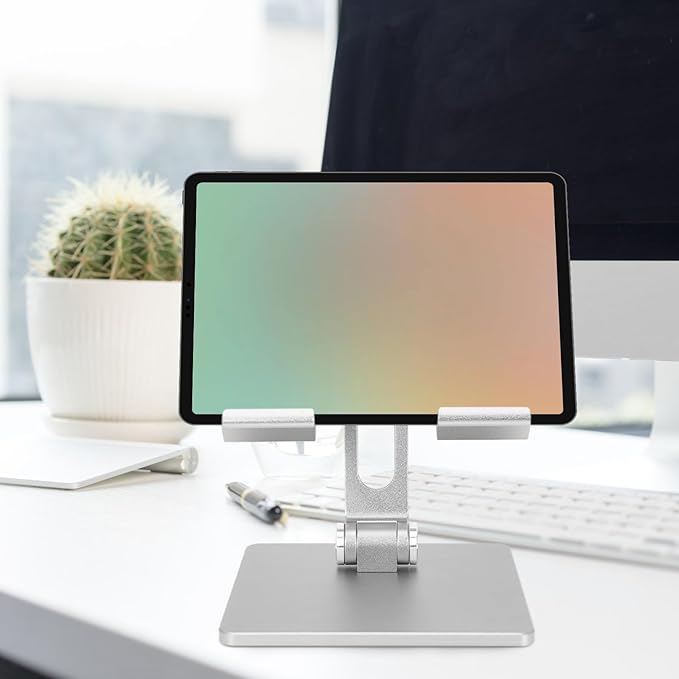 Alipis Aluminum Folding Tablet Stand Adjustable Portable Laptop Holder for Desk and Bed Use Compatible with Ipad and Tablets Silver Gray