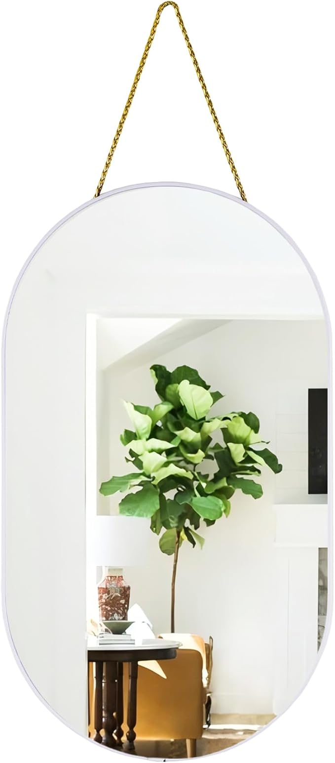 Oval Mirror, Oval Wall Mirror with Lanyard, High Definition Bathroom Mirror for Bathroom, Hallway, Living Room, Easy to Install (White, 11.61x18.9inch)