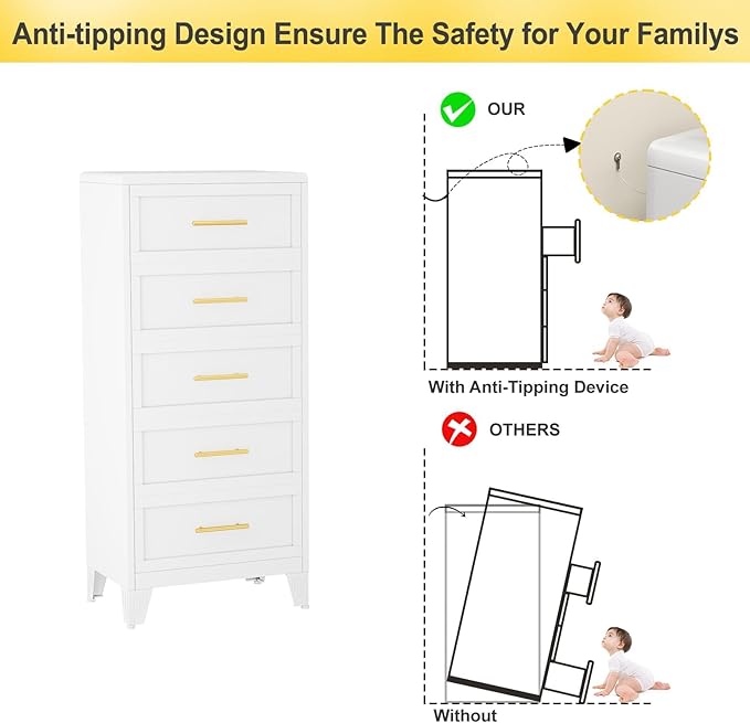 5 Drawers White Dresser for Bedroom, 53.46" Tall Metal Dressers & Chests of Drawers Curved Corner Design, Storage Organizer Drawer Chest with Large Capacity for Living Room, Entryway, Hallway