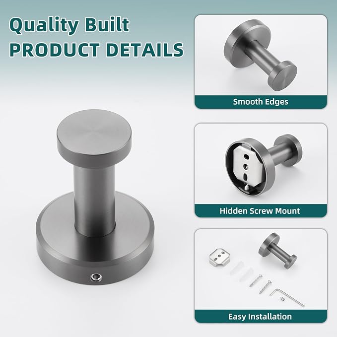 APLusee Gunmetal Gray Single Robe Hook, 304 Stainless Steel Heavy Duty Towel Hook (11LBS Capacity), Wall Mounted Towel Hanger for Bathroom Kitchen Garage