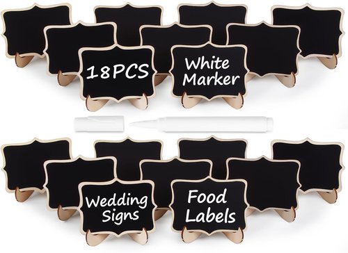 Herda 18 PCS Mini Chalkboard Signs - Reusable Wooden Labels with Easel Stands for Weddings & Parties