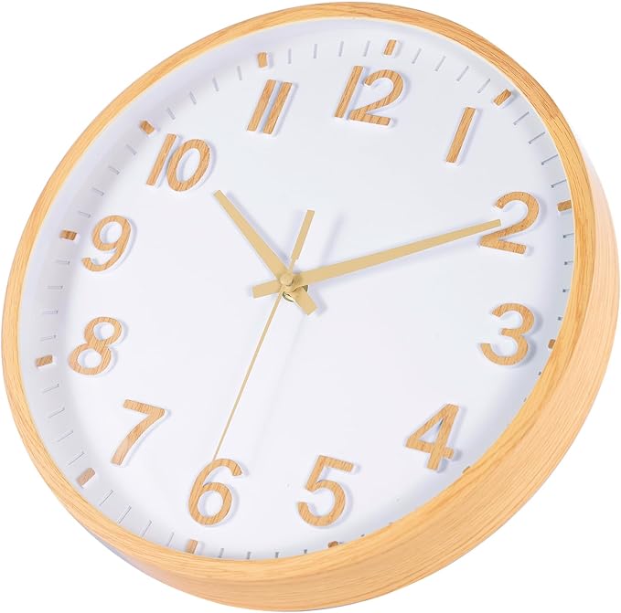 Wall Clocks Battery Operated 12 inch Modern Wall Clock,Silent Non Ticking Wall Clock for Living Room Bedroom Kitchen Office Classroom Decor (Wood Grain Yellow White)