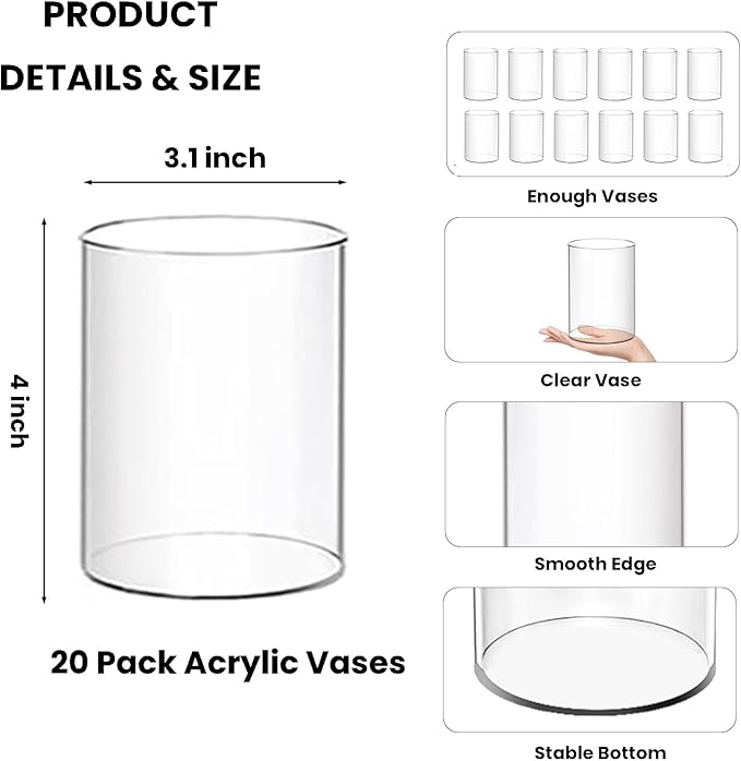 20 Pcs Plastic Vases, 4 Inch Clear Acrylic Cylinder Vase Bulk Floating Candle Holder Small Plastic Vases for Centerpiece Flowers Home Table Wedding Decor