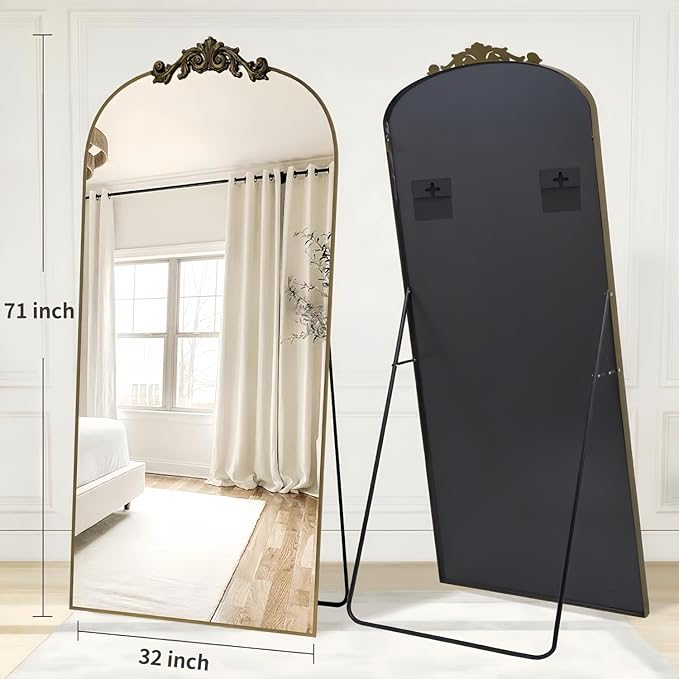 Dewfig Arched Full Length Mirror, 71"x32" Full Body Mirrors with Carved, Floor Mirror for HomeDecor, Standing/Halling Large Wall Mirror for Bedroom, Living Room, Cloakroom, Bronze, Retro Style