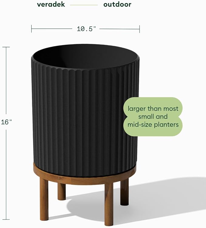 Veradek Demi Series Round Planter w/Stand for Porch/Patio | Durable Plastic-Stone Composite & Wooden Stand | Modern Décor for Tall Plants, Flowers