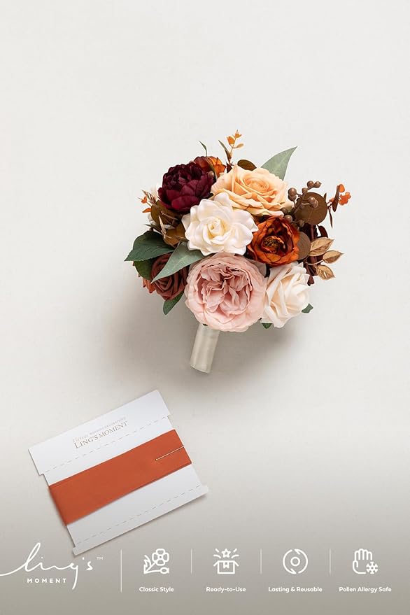 Ling's moment Terracotta Bridesmaid Bouquet, Burnt Orange Wedding Bouquets for Bridesmaids, 7 Inch Bridal Bouquets for Bridesmaids, Wedding Decor, Ceremony, Anniversary, Homecoming, etc.