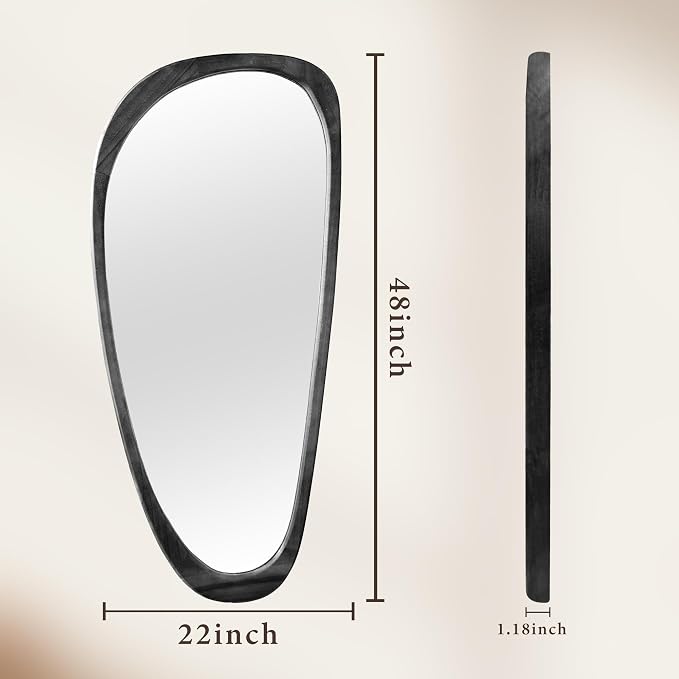 48''x22'' Asymmetrical Mirror with Wood Frame Black, Small Irregular Wall Mirror Odd Shaped, Mid Century Modern Mirror Decor for Bedroom Living Room Entryway Hall