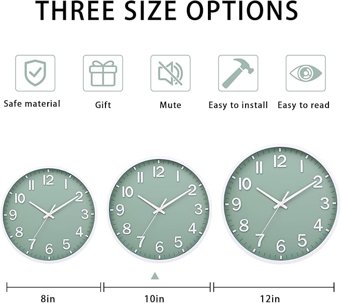 Wall Clocks Battery Operated 10 inch Modern Wall Clock,Silent Non Ticking Wall Clock for Living Room Bedroom Kitchen Office Classroom Decor (Green White)
