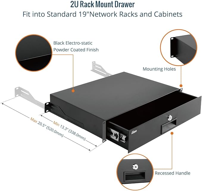 Tecmojo 2U Rack Drawer,Rack Mount Drawer for 19in Network Equipment/Server/AV Rack or Cabinet Enclosure,Sliding and Lockable Server Rack Drawer - Load-Bearing 44lb (20kg),with Cable Management Holes