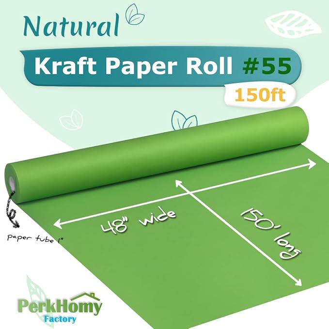 PerkHomy Medium Green Kraft Paper Roll 48" x 1,800" (150') for Gift Wrapping Bouquet Flower Art Painting Craft Writing Packaging Shipping 80GSM 55LB (Medium Green, 48" x 150')