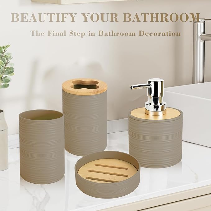 4 PCS Beige Bathroom Accessories Set, Includes a Soap Dispenser, Toothbrush Holder, Soap Dish and Mouthwash Cup, Plastics & Bamboo Bathroom Set, Bohemian Style Bathroom Sink Set