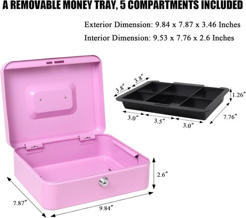 Jssmst Cash Box - Light Purple Money Saving Box with Key Lock | 9.84'' x 7.87'' x 2.6''