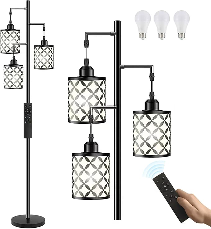 Dimmable Floor Lamp, Farmhouse Standing Lamp with Elegant Metal Cage, Industrial Tall Tree Floor Lamps for Living Room, Bedroom, Study Room, Office, 3 x 800LM LED Bulbs Included, 72", Black