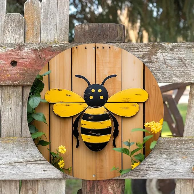 1pc, Round 8x8inch(20x20cm) Aluminum Bee Wall Art Decor, Set of 1, Aluminum Outdoor Sign - Weather Resistant, Pre-Drilled, Waterproof for Home, Living Room, Coffee Shop, Office Decoration