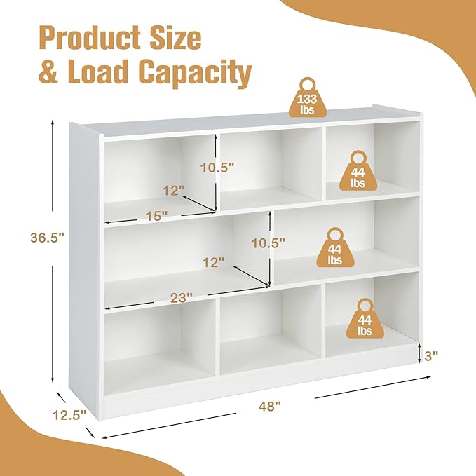 Costzon 3-Shelf Bookcase for Kids, Wooden Toy Storage Organizer for Books Toys, 8-Section Freestanding Classroom Daycare Montessori Bookshelf for Preschool, Home Playroom & Kindergarten (White)