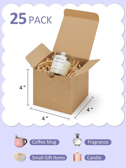 Eupako Gift Boxes - 25 Pack Brown Kraft Paper Boxes with Lids for Parties, Weddings & Crafts | 4x4x4 Inches