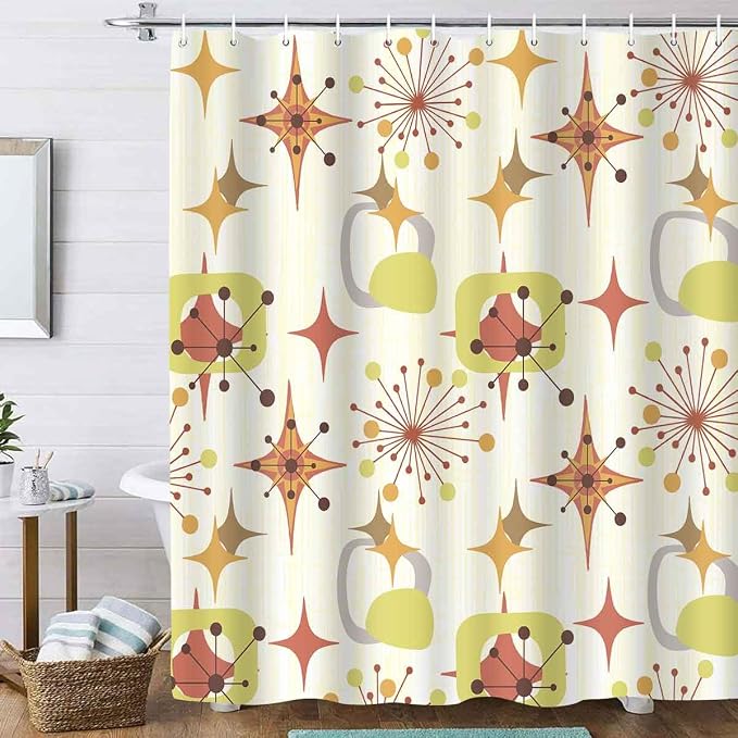 Mid Century Shower Curtain, 72x84inch, Modern Abstract Retro Yellow Striped Geometric Shower Curtain Sets 1950s Boho Bathroom Shower Curtain with 12 Hooks