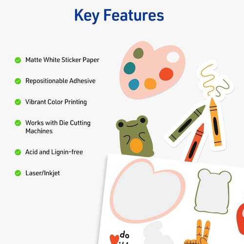 Avery Printable Sticker Paper - Matte White, Repositionable Adhesive, 8.5" x 11", 5 Full-Size Sheets | Ideal for Crafts & Branding